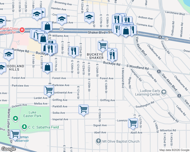 map of restaurants, bars, coffee shops, grocery stores, and more near 12520 Forest Avenue in Cleveland