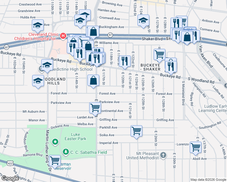 map of restaurants, bars, coffee shops, grocery stores, and more near 11900 Forest Avenue in Cleveland