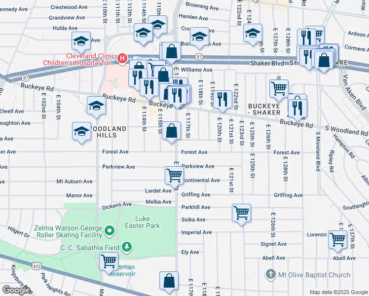 map of restaurants, bars, coffee shops, grocery stores, and more near 11710 Forest Avenue in Cleveland