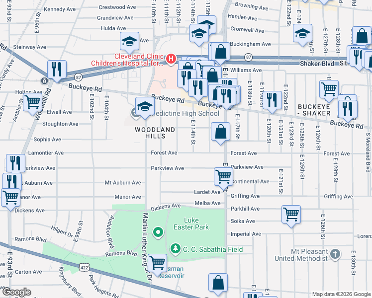 map of restaurants, bars, coffee shops, grocery stores, and more near 11308 Forest Avenue in Cleveland