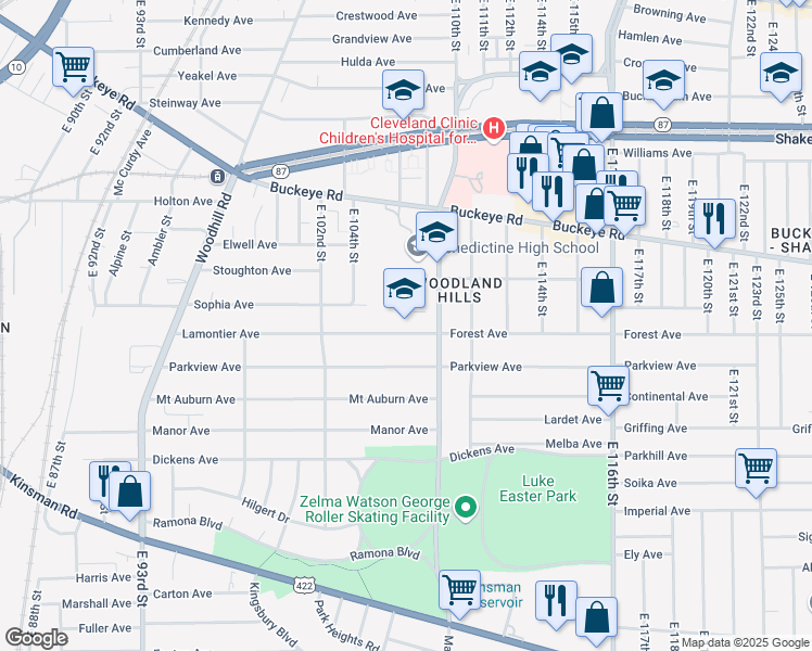 map of restaurants, bars, coffee shops, grocery stores, and more near 10814 Lamontier Avenue in Cleveland