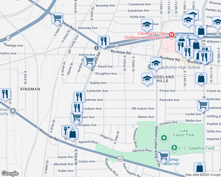 map of restaurants, bars, coffee shops, grocery stores, and more near 9800 Lamontier Avenue in Cleveland