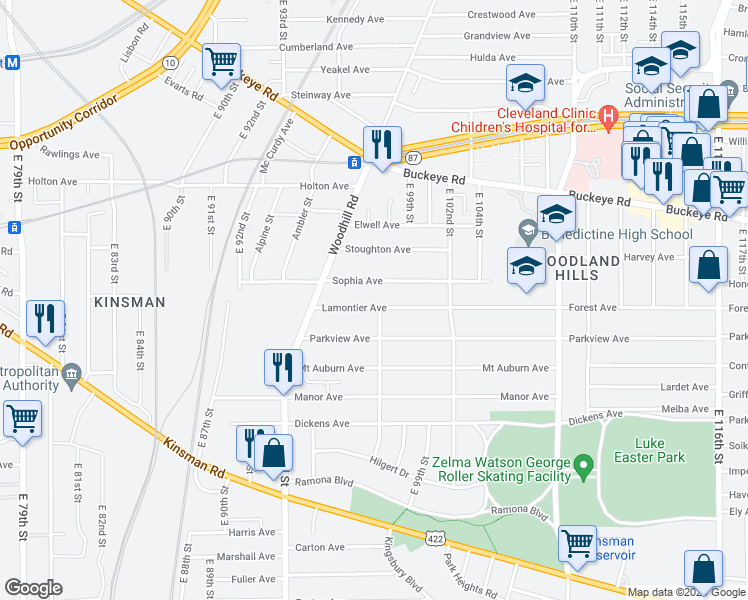 map of restaurants, bars, coffee shops, grocery stores, and more near 9620 Lamontier Avenue in Cleveland