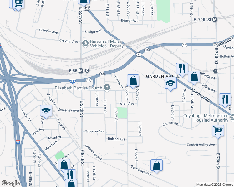 map of restaurants, bars, coffee shops, grocery stores, and more near 2971 East 63rd Street in Cleveland
