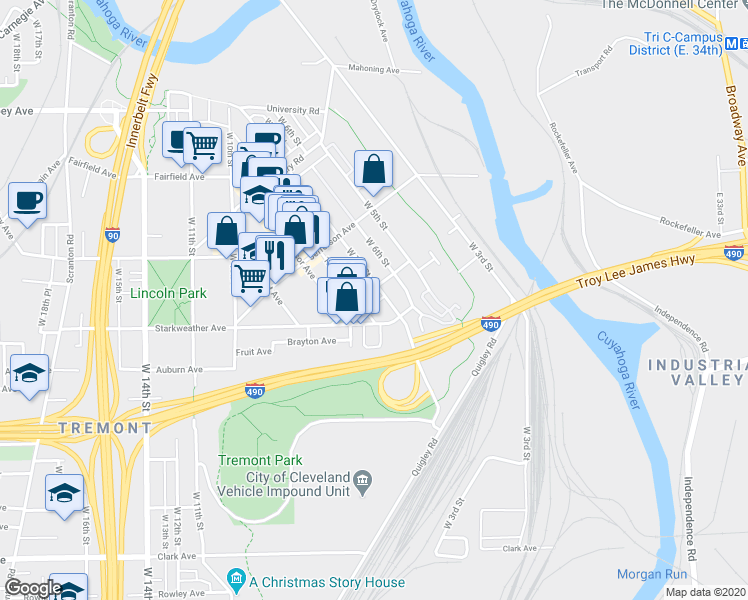 map of restaurants, bars, coffee shops, grocery stores, and more near in Cleveland