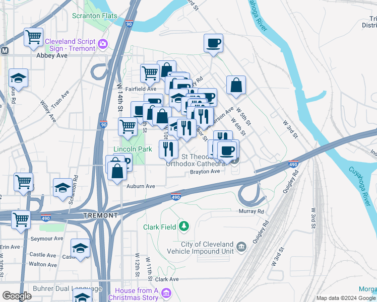 map of restaurants, bars, coffee shops, grocery stores, and more near 2458 Tremont Avenue in Cleveland