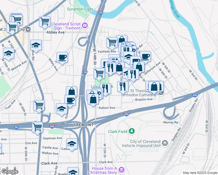 map of restaurants, bars, coffee shops, grocery stores, and more near 1200 Starkweather Avenue in Cleveland