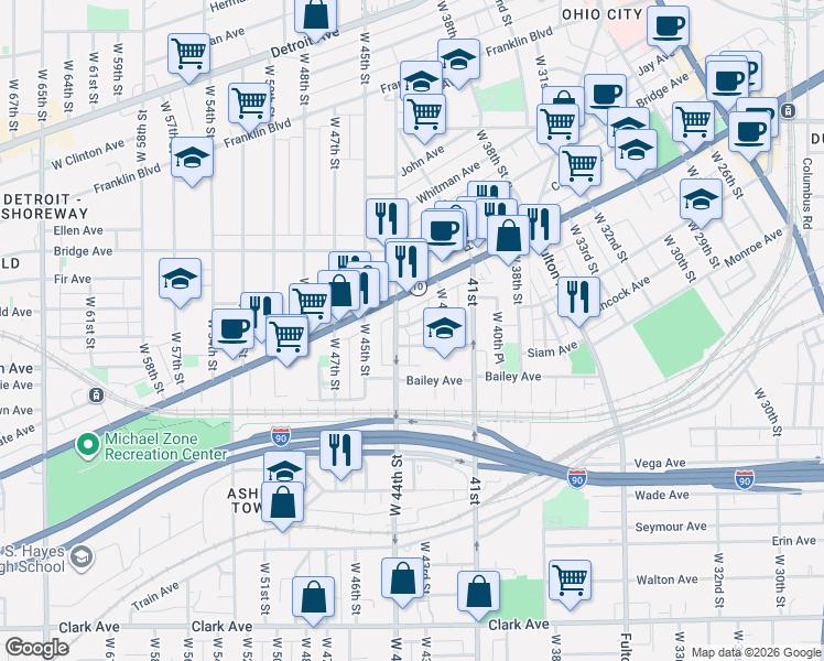 map of restaurants, bars, coffee shops, grocery stores, and more near 4317 Apple Avenue in Cleveland
