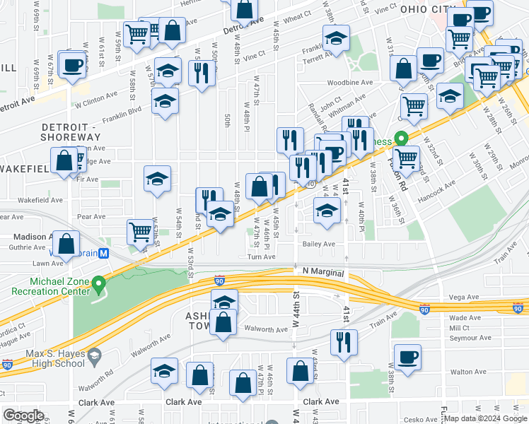 map of restaurants, bars, coffee shops, grocery stores, and more near 4609 Lorain Court in Cleveland