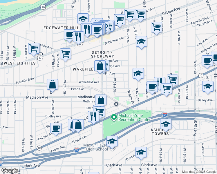 map of restaurants, bars, coffee shops, grocery stores, and more near 6207 Pear Avenue in Cleveland