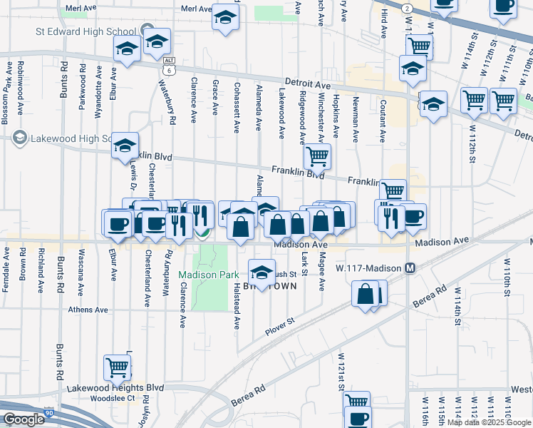 map of restaurants, bars, coffee shops, grocery stores, and more near 1622 Lakewood Avenue in Lakewood