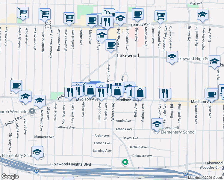 map of restaurants, bars, coffee shops, grocery stores, and more near 1675 Victoria Avenue in Lakewood