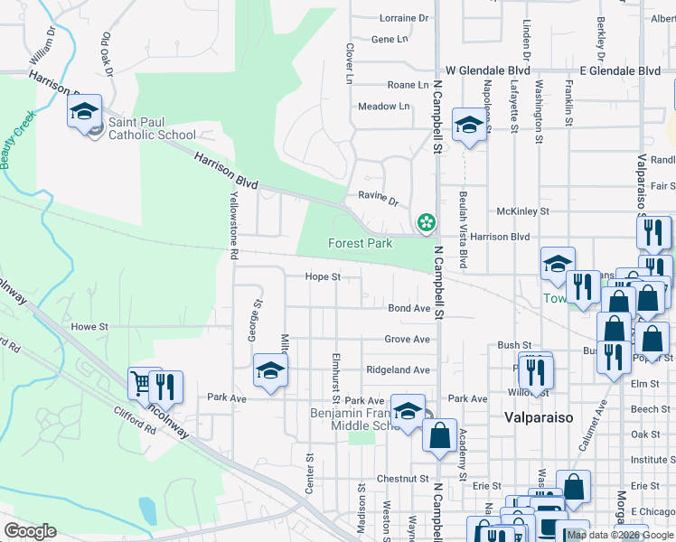 map of restaurants, bars, coffee shops, grocery stores, and more near 1014 Elmhurst Street in Valparaiso