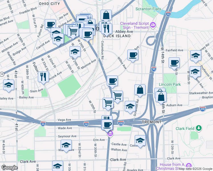 map of restaurants, bars, coffee shops, grocery stores, and more near 2500 West 27th Street in Cleveland