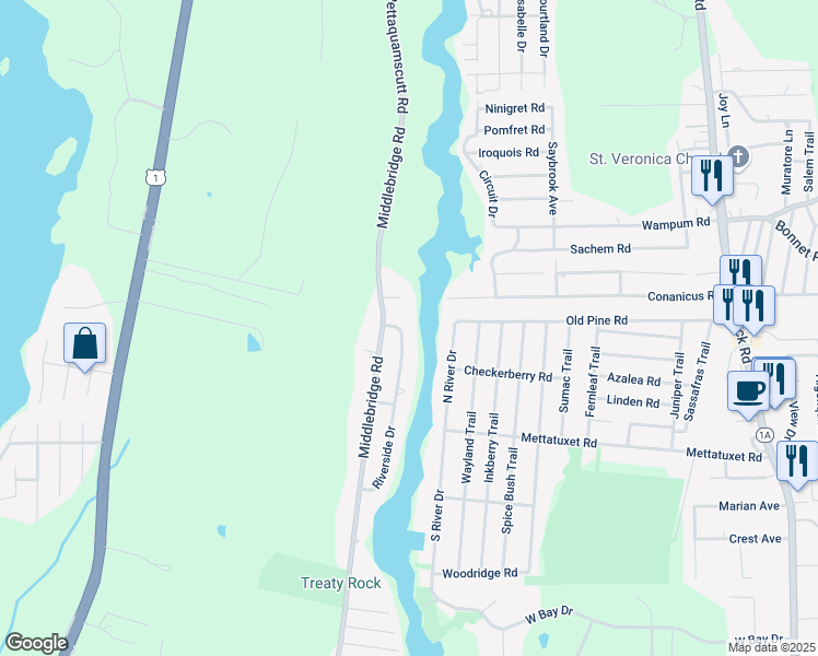 map of restaurants, bars, coffee shops, grocery stores, and more near 178 Riverside Drive in South Kingstown