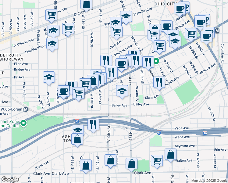 map of restaurants, bars, coffee shops, grocery stores, and more near 4317 Apple Avenue in Cleveland