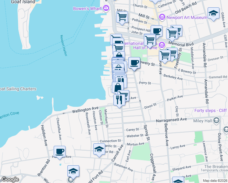 map of restaurants, bars, coffee shops, grocery stores, and more near 547 Thames Street in Newport