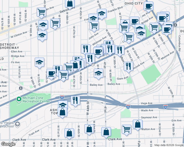map of restaurants, bars, coffee shops, grocery stores, and more near 4311 Apple Avenue in Cleveland