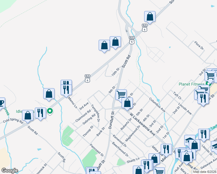 map of restaurants, bars, coffee shops, grocery stores, and more near 17 9th St in Olyphant
