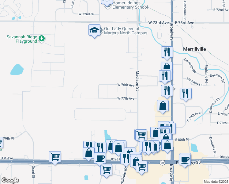 map of restaurants, bars, coffee shops, grocery stores, and more near 7697 Jackson St in Merrillville
