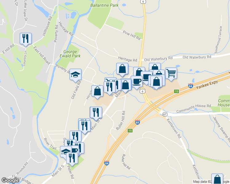 map of restaurants, bars, coffee shops, grocery stores, and more near 88 Main Street South in Southbury