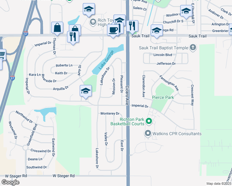 map of restaurants, bars, coffee shops, grocery stores, and more near 22621 Mission Drive in Richton Park
