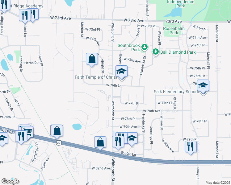 map of restaurants, bars, coffee shops, grocery stores, and more near 3820 West 77th Plaza in Merrillville