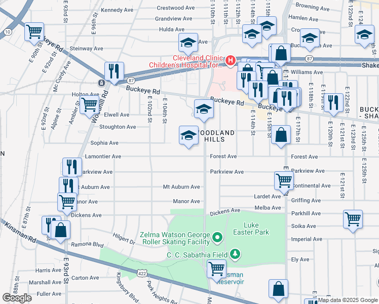 map of restaurants, bars, coffee shops, grocery stores, and more near 10615 Lamontier Avenue in Cleveland