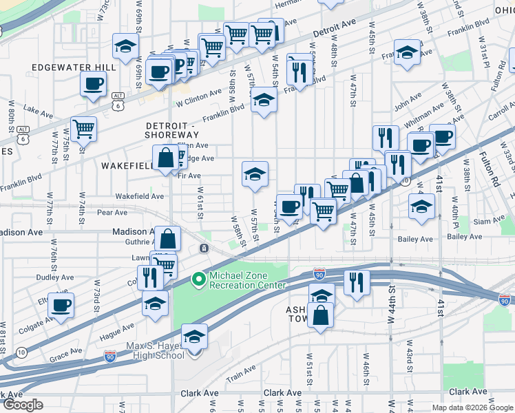 map of restaurants, bars, coffee shops, grocery stores, and more near 1945 West 57th Street in Cleveland