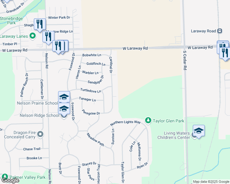 map of restaurants, bars, coffee shops, grocery stores, and more near 2347 Cardinal Drive in New Lenox
