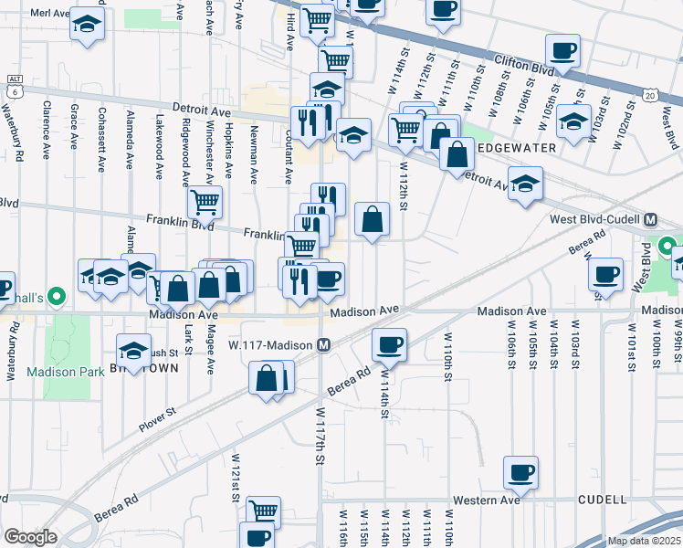 map of restaurants, bars, coffee shops, grocery stores, and more near 1590 West 116th Street in Cleveland