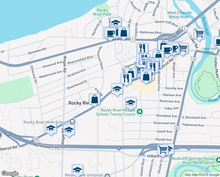 map of restaurants, bars, coffee shops, grocery stores, and more near in Rocky River