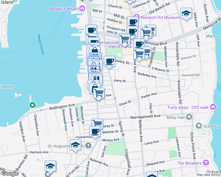 map of restaurants, bars, coffee shops, grocery stores, and more near 461 Spring Street in Newport