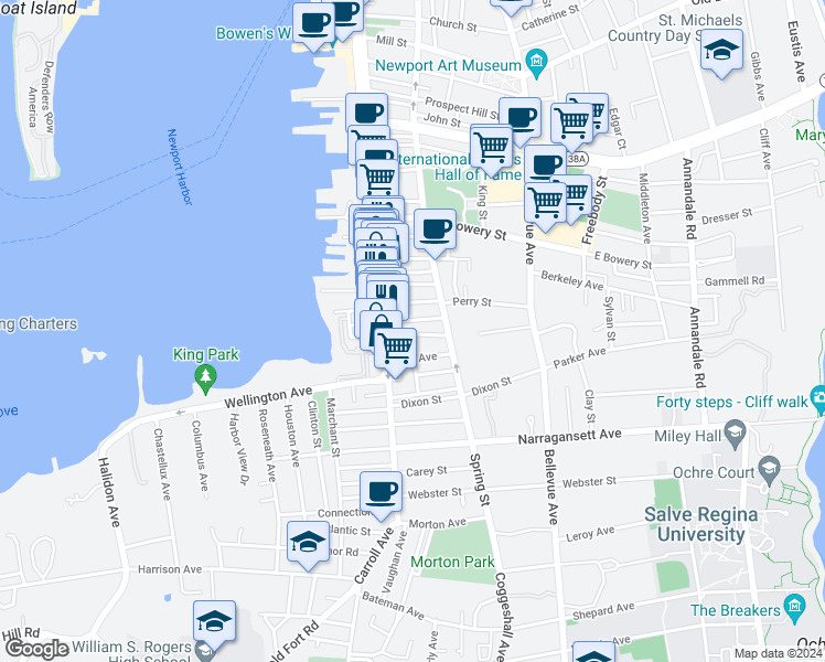 map of restaurants, bars, coffee shops, grocery stores, and more near 21 Underwood Court in Newport