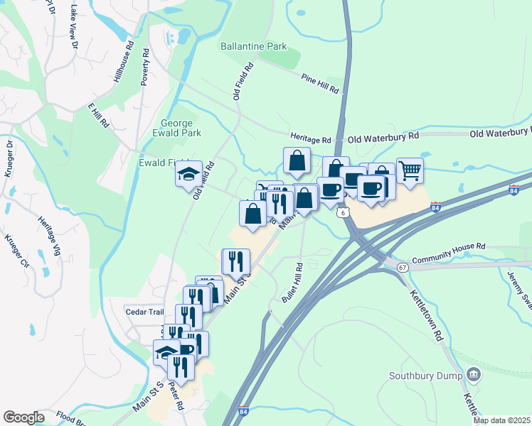 map of restaurants, bars, coffee shops, grocery stores, and more near 88 Main Street South in Southbury