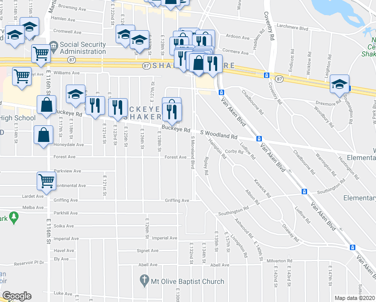 map of restaurants, bars, coffee shops, grocery stores, and more near 2962 South Moreland Boulevard in Cleveland