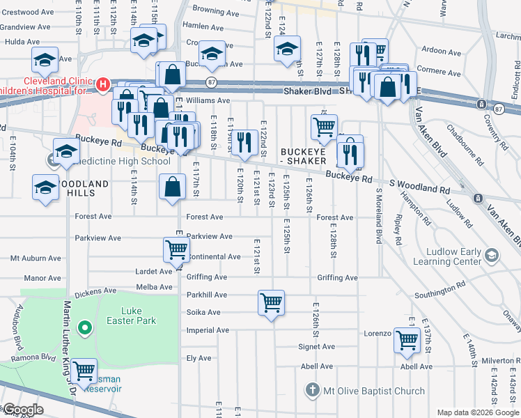 map of restaurants, bars, coffee shops, grocery stores, and more near 12016 Forest Avenue in Cleveland