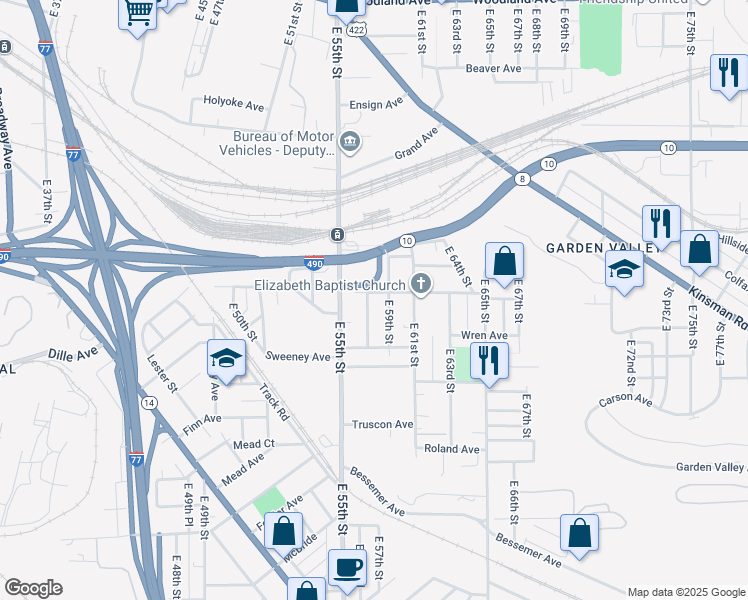map of restaurants, bars, coffee shops, grocery stores, and more near 2960 East 59th Street in Cleveland