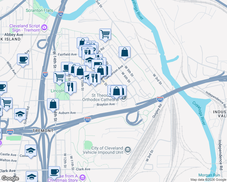 map of restaurants, bars, coffee shops, grocery stores, and more near 2505 Professor Avenue in Cleveland