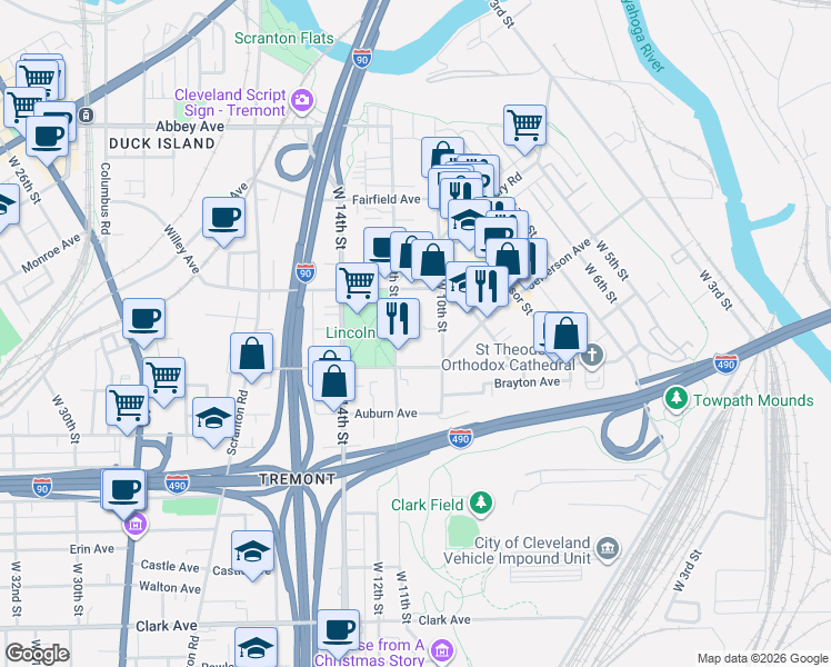 map of restaurants, bars, coffee shops, grocery stores, and more near 2479 West 11th Street in Cleveland