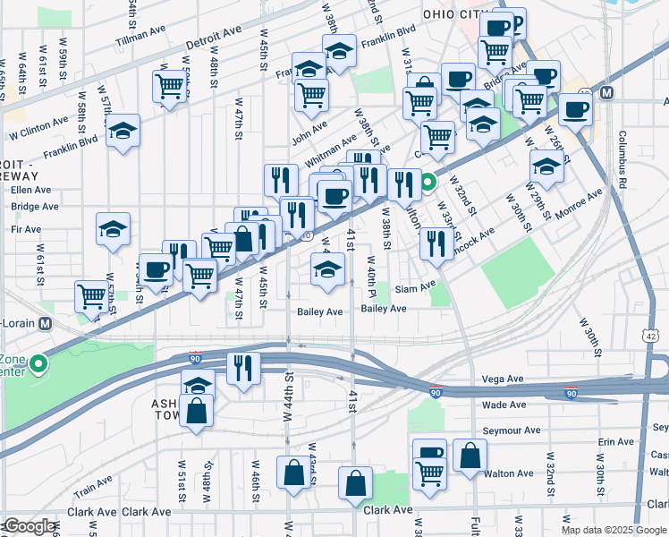 map of restaurants, bars, coffee shops, grocery stores, and more near 2156 West 41st Street in Cleveland