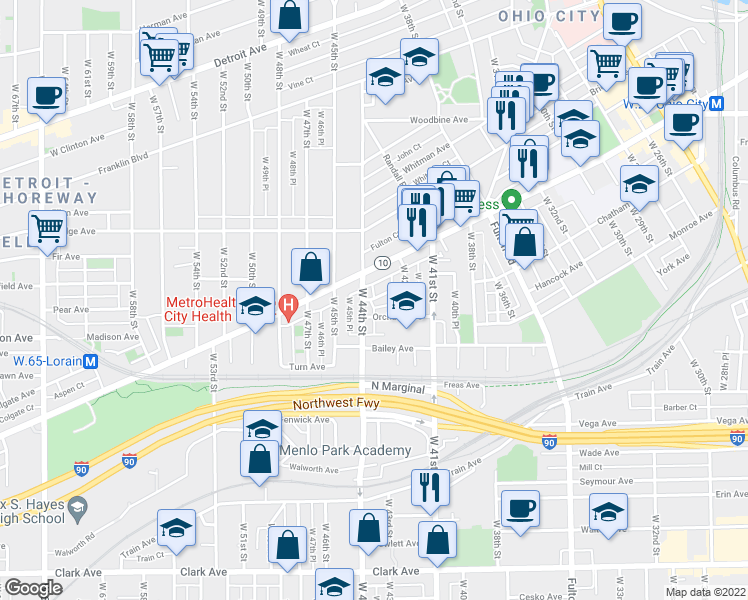 map of restaurants, bars, coffee shops, grocery stores, and more near 4317 Apple Avenue in Cleveland