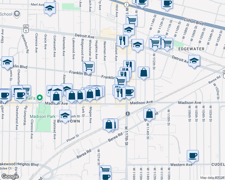 map of restaurants, bars, coffee shops, grocery stores, and more near 1616 Coutant Avenue in Lakewood