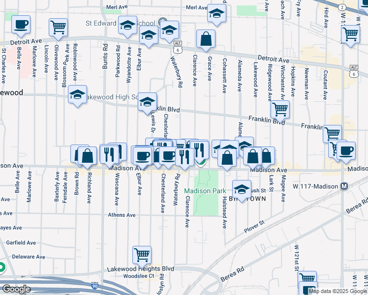 map of restaurants, bars, coffee shops, grocery stores, and more near 1646 Waterbury Road in Lakewood