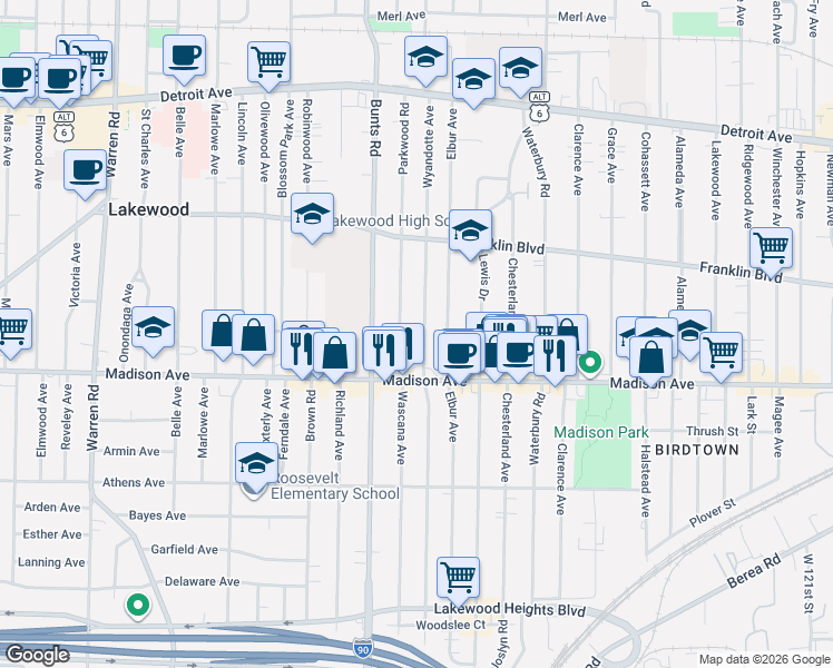 map of restaurants, bars, coffee shops, grocery stores, and more near 1665 Wyandotte Avenue in Lakewood