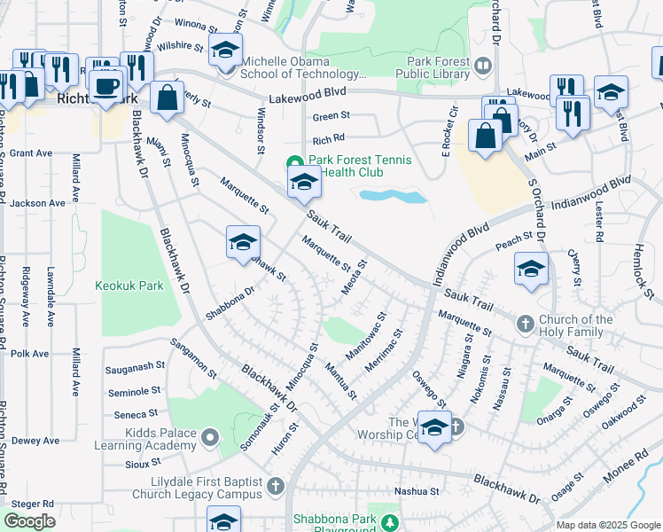 map of restaurants, bars, coffee shops, grocery stores, and more near 310 Meota Street in Park Forest