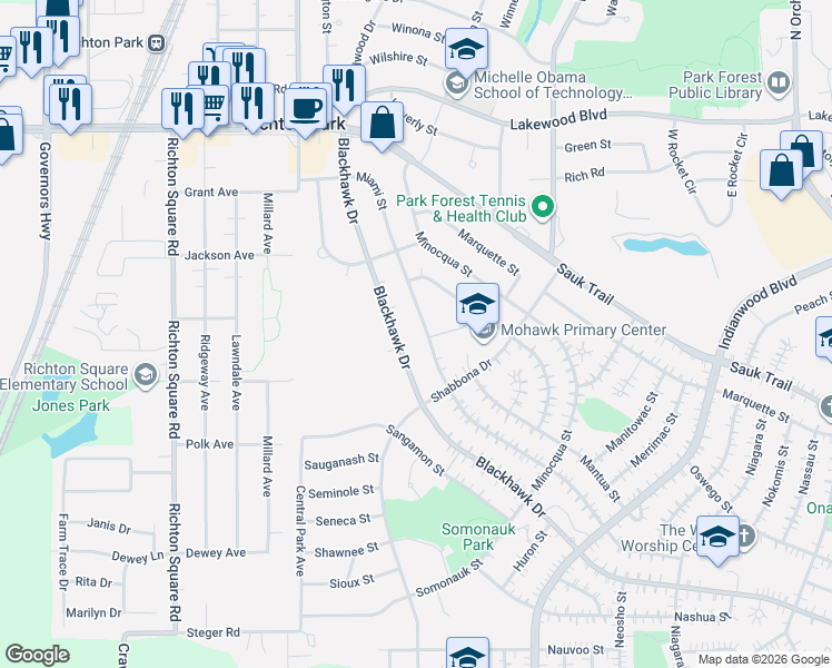 map of restaurants, bars, coffee shops, grocery stores, and more near 316 Blackhawk Drive in Park Forest