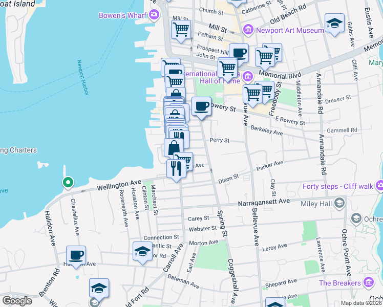 map of restaurants, bars, coffee shops, grocery stores, and more near 16 Dean Avenue in Newport
