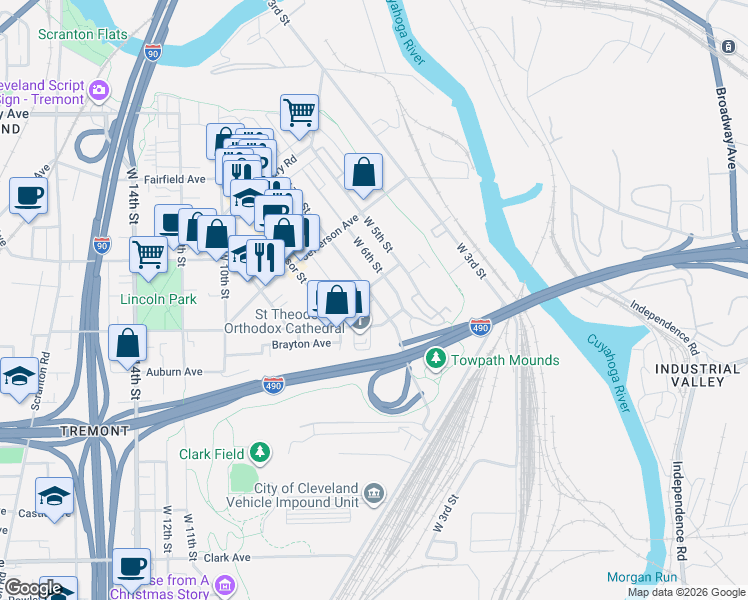 map of restaurants, bars, coffee shops, grocery stores, and more near 2532 West 7th Street in Cleveland