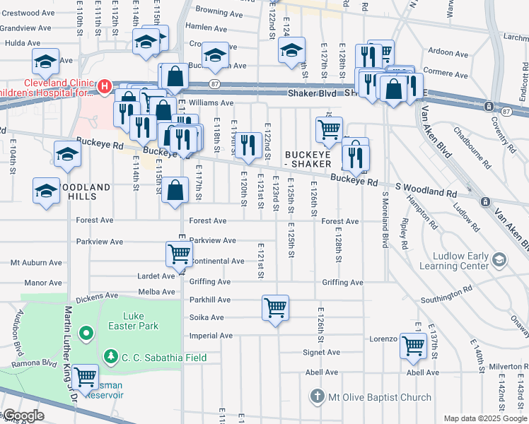 map of restaurants, bars, coffee shops, grocery stores, and more near 12016 Forest Avenue in Cleveland